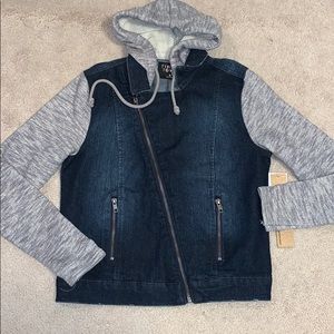 Macy’s denim jacket with grey sweatshirt accents